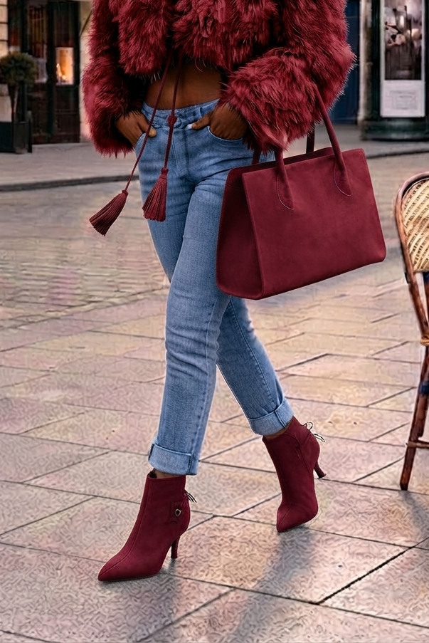 Women's burgundy back lace-up ankle boots with pointed toe and high slim heel - Worn view
